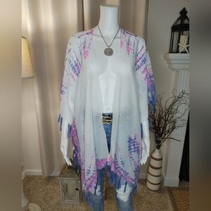 Tie-dye fringe kimono with purple and pink accents, O/S